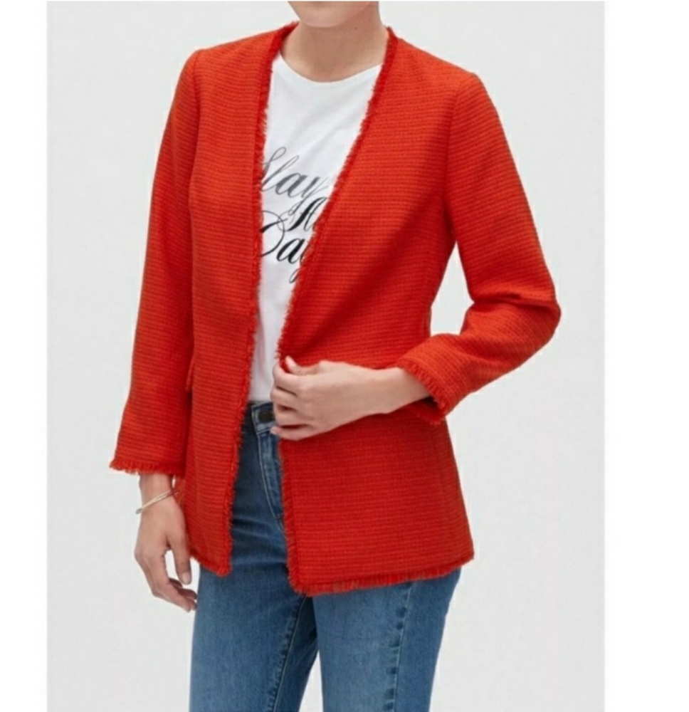Banana Republic Size Small Petite Vibrant Red Blazer Boucle Collarless & Fringe
